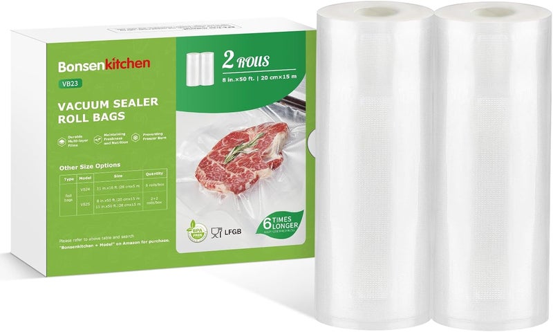 Bonsenkitchen Vacuum Sealer Bags Rolls, 8 in x 50 ft Rolls 2 pack Durable Food Sealer Bags, Commercial Grade, Heavy Duty, BPA Free, Seal a Meal, Great for Food Storage & Sous Vide Cooking, VB23 - Image 1